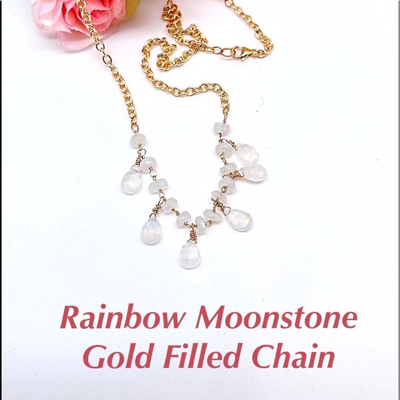 Rainbow Moonstone or Labradorite Briolette & Rondelle Necklace on Chains NWT - Picture 7 of 11